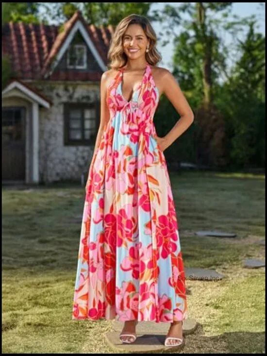 Polyester Elastane Maxi Sundress Halter Tie V Neck A Line with Pockets - Picture 4 of 5